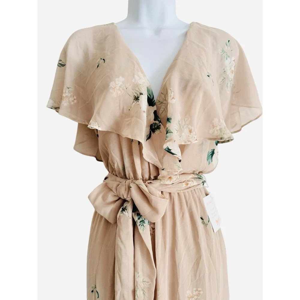 Show Me Your MuMu Maxi Dress M AUDREY Blush Floral‎ Ruffle Wrap Front Chiffon